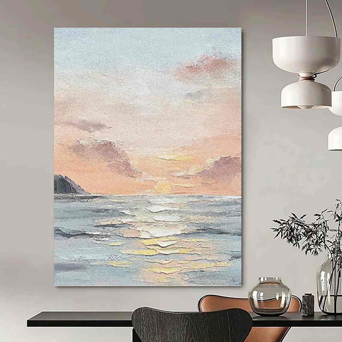 Sunset Handmade Hand-painted Seaside Orange Blue Abstract Canvas XPU8O